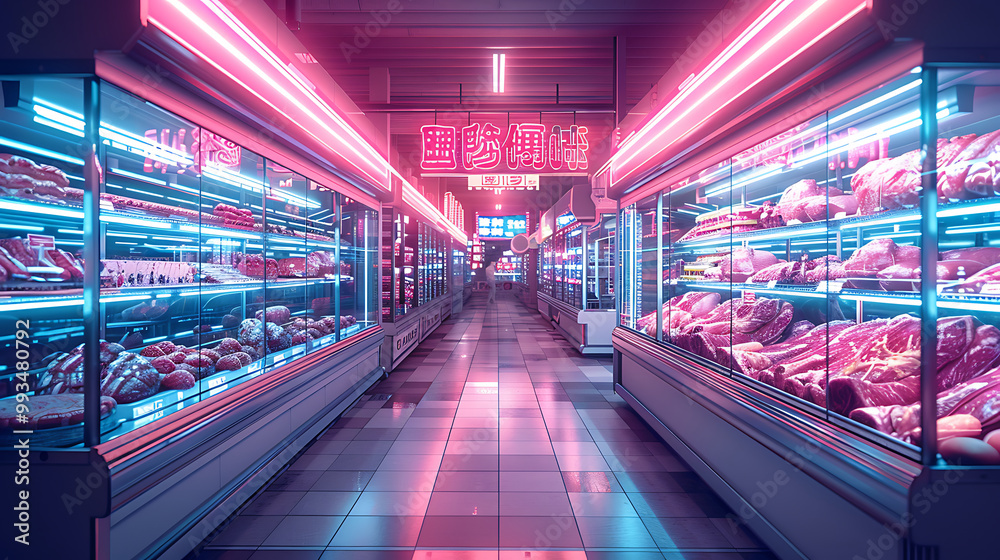 Meat aisle with various cuts displayed in a refrigerated grocery section. close-up of a meat fridge in a grocery store filled with various cuts of fresh meat various cuts of beef, pork and other meats Meat aisle with various cuts displayed in a refrigerated grocery section. close-up of a meat fridge in a grocery store filled with various cuts of fresh meat various cuts of beef, pork and other meats