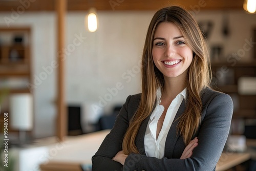 Mujer de negocios sonriente en un entorno de oficina moderno.