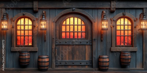 A rustic wooden facade with three arched windows, each illuminated from within, and a solid wooden door framed by iron bars, flanked by four wooden barrels, creating a warm and inviting ambiance. photo