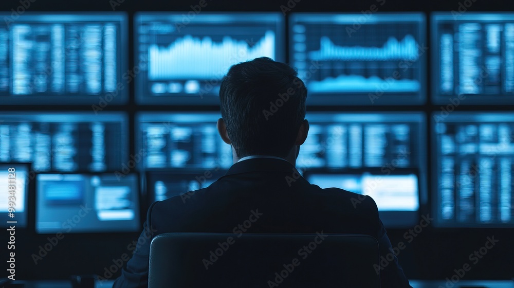 Businessman monitoring digital data streams Businessman monitoring digital data streams
