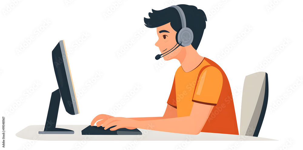 Young man working in customer service wearing a headset flat illustration isolated on background Young man working in customer service wearing a headset flat illustration isolated on background