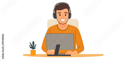 Young man working in customer service wearing a headset flat illustration isolated on background