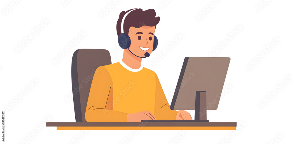 Young man working in customer service wearing a headset flat illustration isolated on background Young man working in customer service wearing a headset flat illustration isolated on background