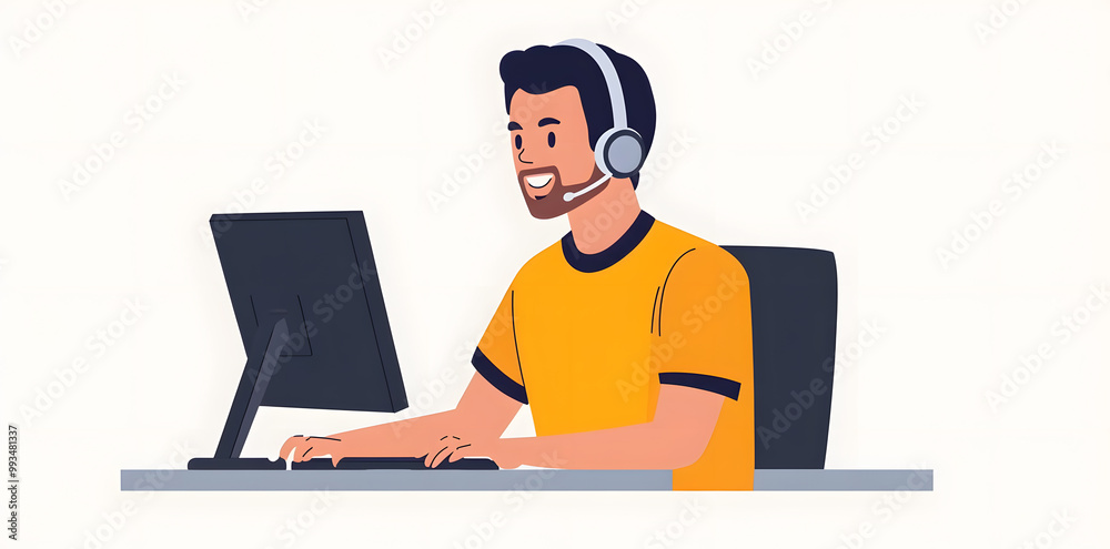 Young man working in customer service wearing a headset flat illustration isolated on background Young man working in customer service wearing a headset flat illustration isolated on background