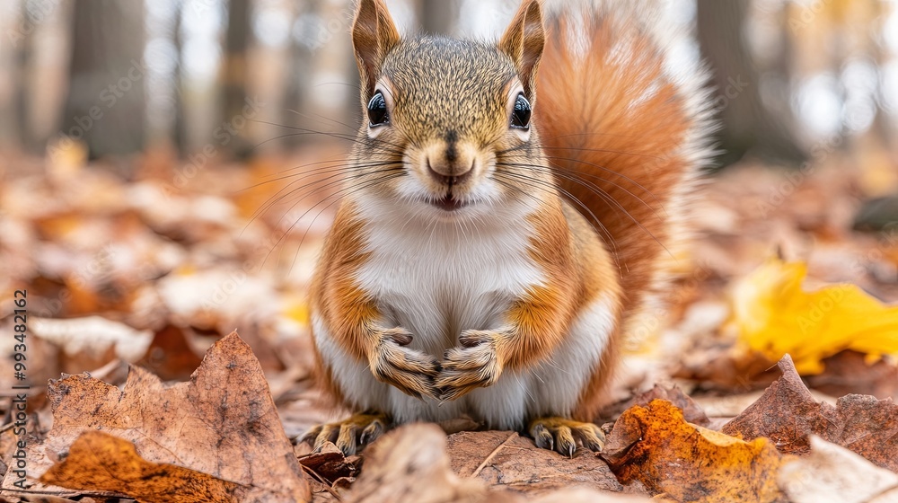 A Curious Red Squirrel Poses Among Fall Foliage, Its Eyes Bright With Excitement, Tail Fluffed Up As It Surveys Its Surroundings A Curious Red Squirrel Poses Among Fall Foliage, Its Eyes Bright With Excitement, Tail Fluffed Up As It Surveys Its Surroundings