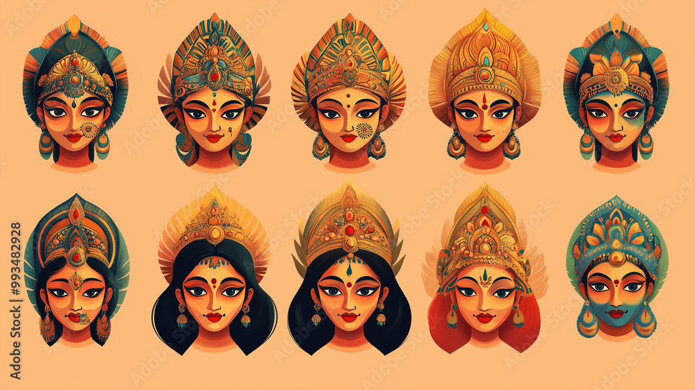 A set of Goddess Durga face in varying traditional styles