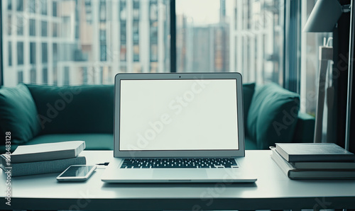 A close-up shot of an open laptop with a blank screen placed on the coffee table in front of a green sofa, surrounded by some books and a mobile phone. Created with Ai