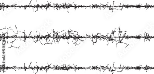 a series of sound waves on a white background, A set of black and white fence lines with different shapes, a border wire with barbed wire, barbed with a line