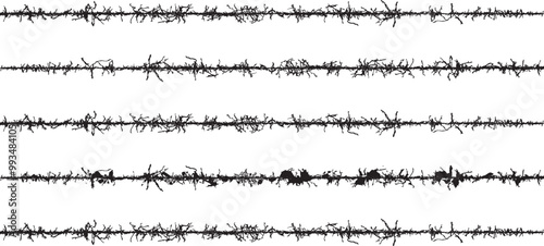 a series of black and white sound waves, A set of black and white fence lines with different shapes, a border wire with barbed wire, barbed with a line