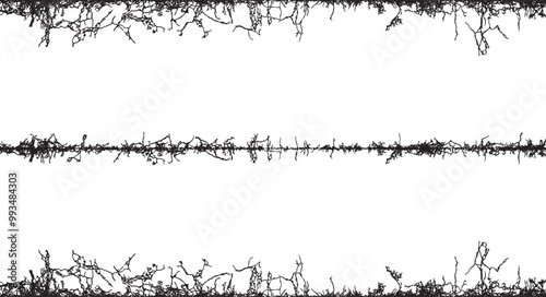 a black and white image of a tree with branches, A set of black and white fence lines with different shapes, a border wire with barbed wire, barbed with a line