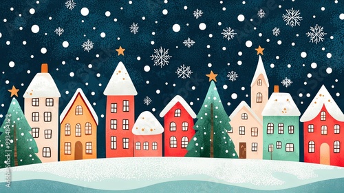A charming winter village scene featuring colorful houses, snow-covered rooftops, pine trees, and falling snowflakes, perfect for the holiday season.
