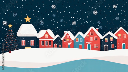 A charming winter village scene featuring colorful houses, snow-covered roofs, a decorated tree, and falling snowflakes against a starry night sky.
