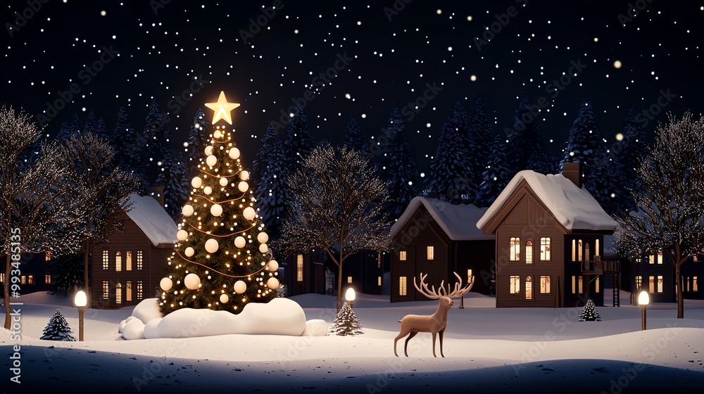 Fototapeta premium A cozy winter scene featuring a lit Christmas tree, a deer, and snow-covered houses surrounded by falling snowflakes.