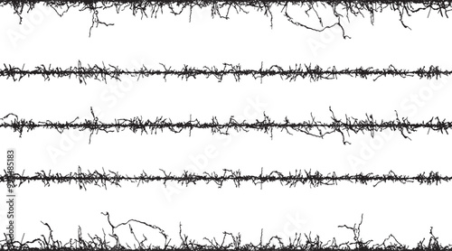 set of silhouettes of grass, barbed wire vintage effect, A set of black and white fence lines with different shapes, a border wire with barbed wire, barbed with a line