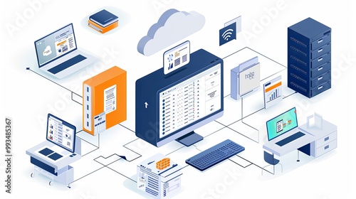 An illustrative concept of a centralized data network system connecting multiple devices and storage units, symbolizing technological convergence and modern IT solutions.