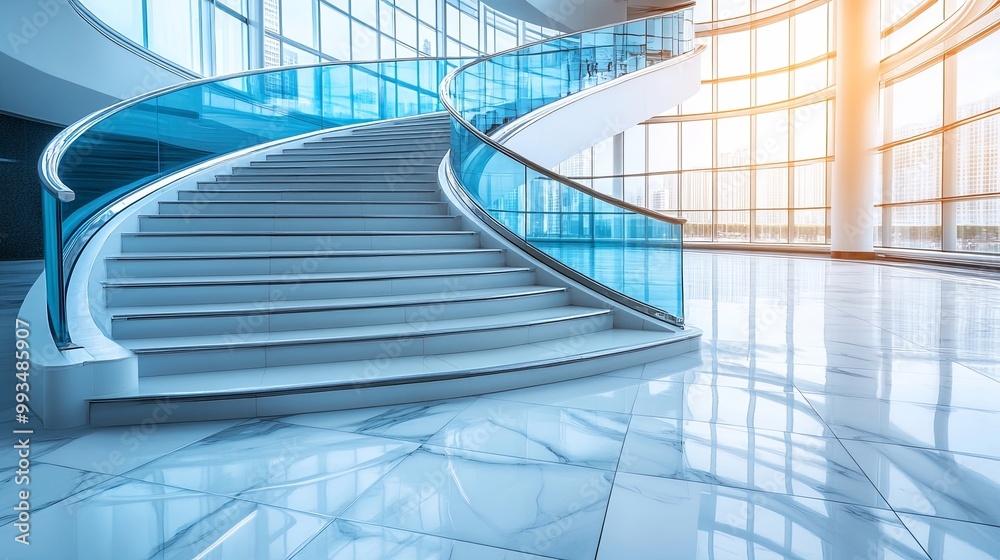 Fototapeta premium A Modern Staircase with a Glass Railing and a View of the City Through Large Windows