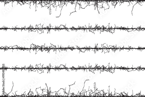 set of wire, a set of black and white lines with branches, A set of black and white fence lines with different shapes, a border wire with barbed wire, barbed with a line