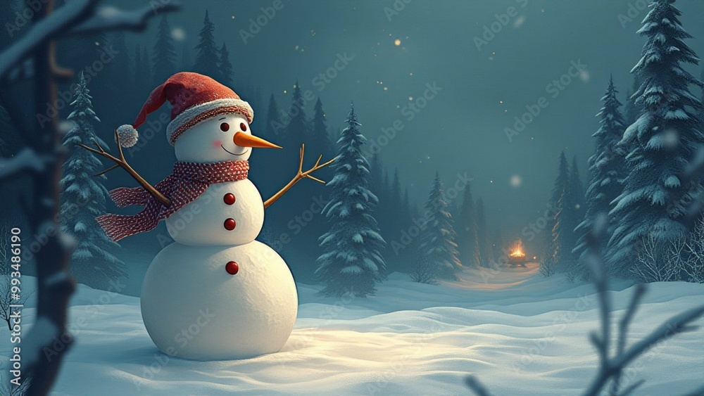 Obraz premium Image of a snowman in a snowy forest. Christmas mood