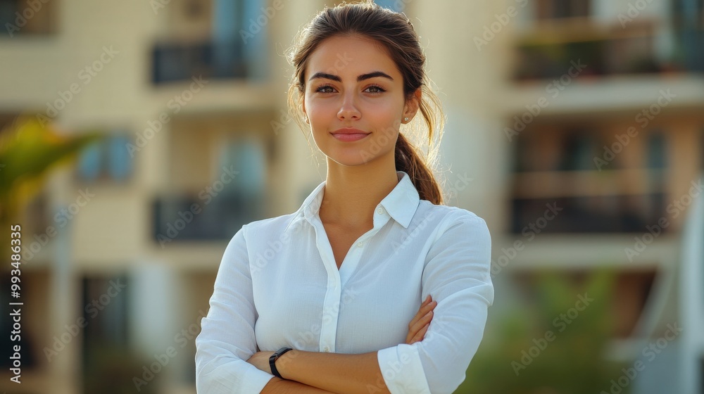 Real estate agent confidently standing in modern, light-filled home Real estate agent confidently standing in modern, light-filled home