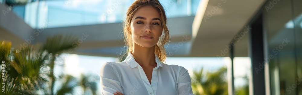 Real estate agent confidently standing in modern, light-filled home Real estate agent confidently standing in modern, light-filled home