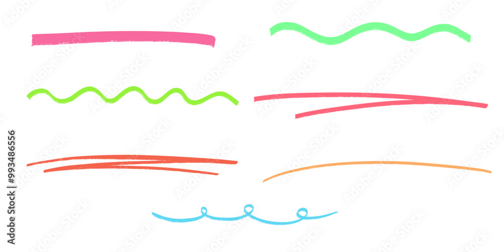 Marker highlight set, brush pen hand drawn underline. Color lines collection isolated on white. Marker highlight set, brush pen hand drawn underline. Color lines collection isolated on white.