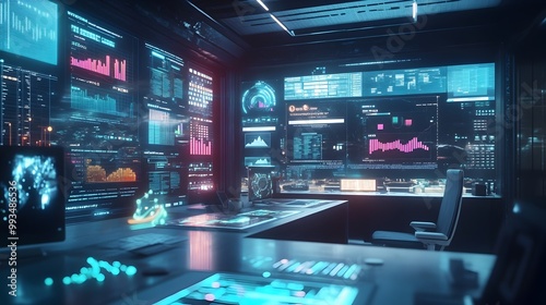 Wallpaper Mural Futuristic High-Tech Business Office with Holographic Data Visualization Torontodigital.ca