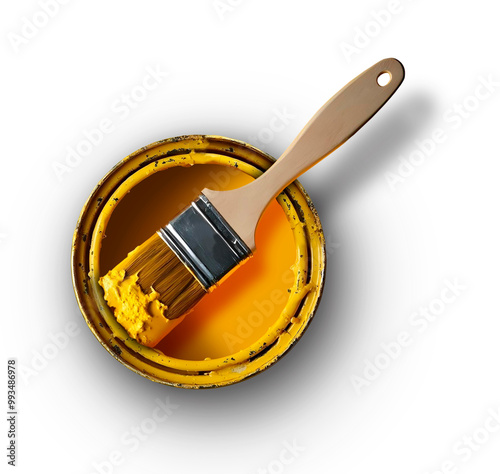 Τop view paint brush on paint can with yellow color. PNG element isolated on transparent background.