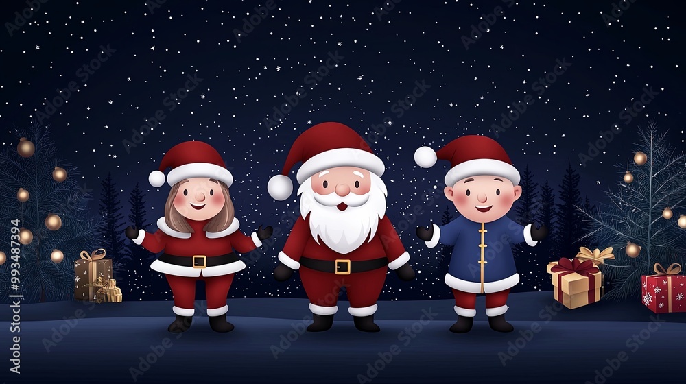 A cheerful scene featuring Santa Claus and two children in festive attire, surrounded by holiday decorations and snowy background. A cheerful scene featuring Santa Claus and two children in festive attire, surrounded by holiday decorations and snowy background.