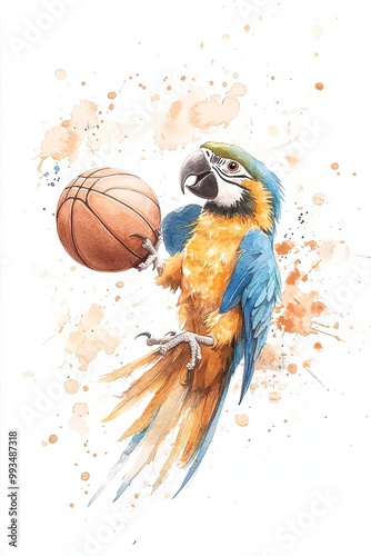 A whimsical watercolor illustration of  Parrot playing basketball and shooting a threepointer photo