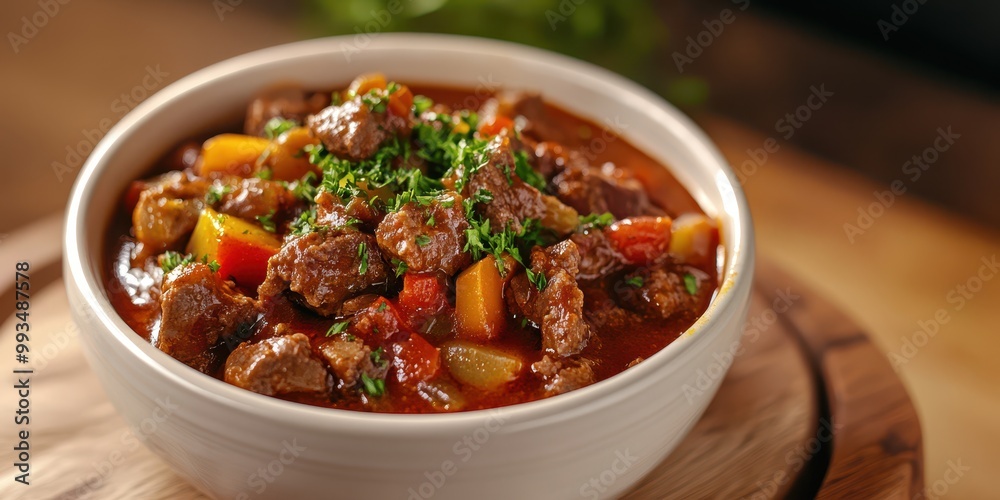 Delicious beef stew with colorful vegetables garnished with herbs, served in a white bowl on a wooden surface. Delicious beef stew with colorful vegetables garnished with herbs, served in a white bowl on a wooden surface.