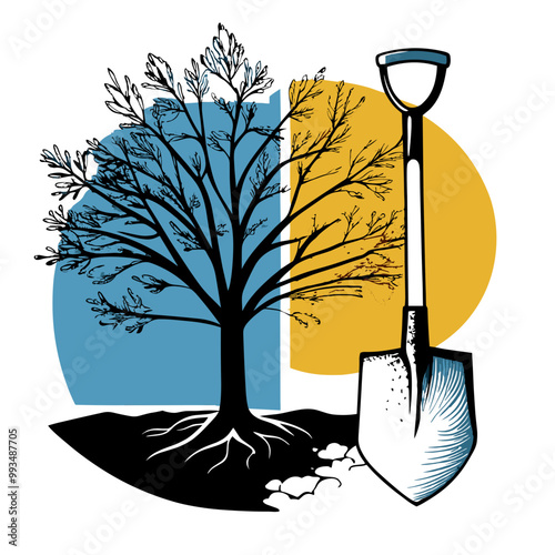 Gardening tools with tree, relaxing mood, hobby activity, nature background