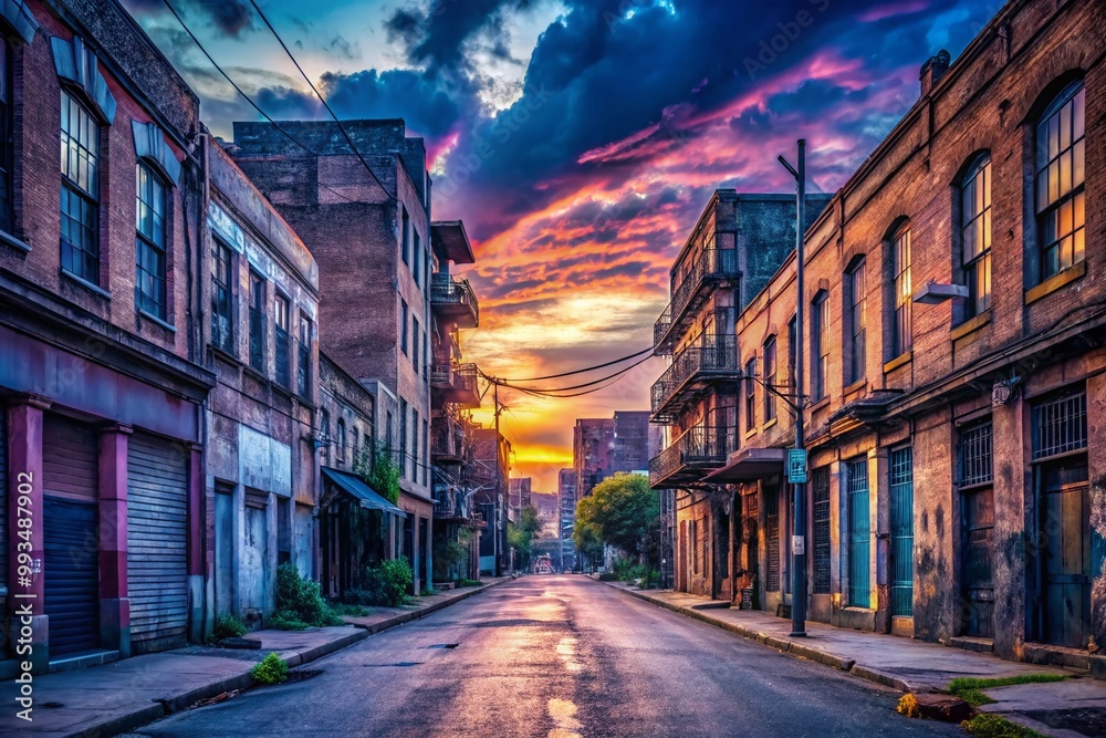Fototapeta premium Serene Empty City Streets at Dusk with Soft Lighting and Abandoned Buildings in Urban Environment