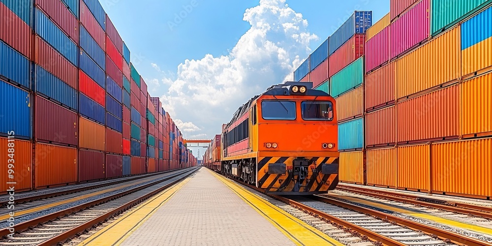 Freight train maneuvering through a sea of colorful shipping containers ...