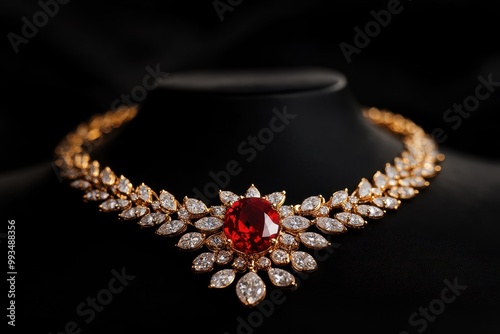 A gold and diamond necklace with a red stone pendant