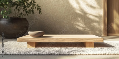 Wooden Display Stand on Cozy Carpet: Perfect for Showcasing Home Décor or Products