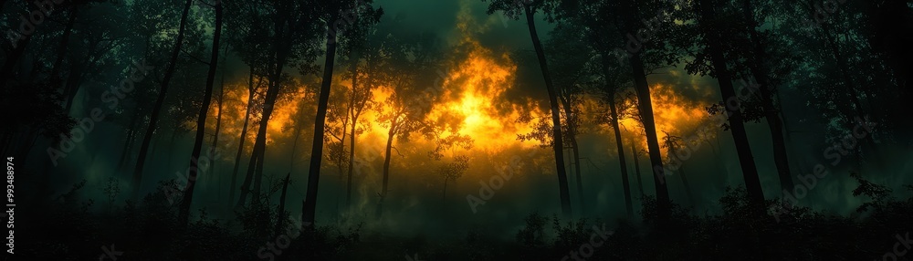 A mysterious forest scene with dark trees silhouetted against a glowing orange sky, evoking a sense of intrigue and beauty A mysterious forest scene with dark trees silhouetted against a glowing orange sky, evoking a sense of intrigue and beauty