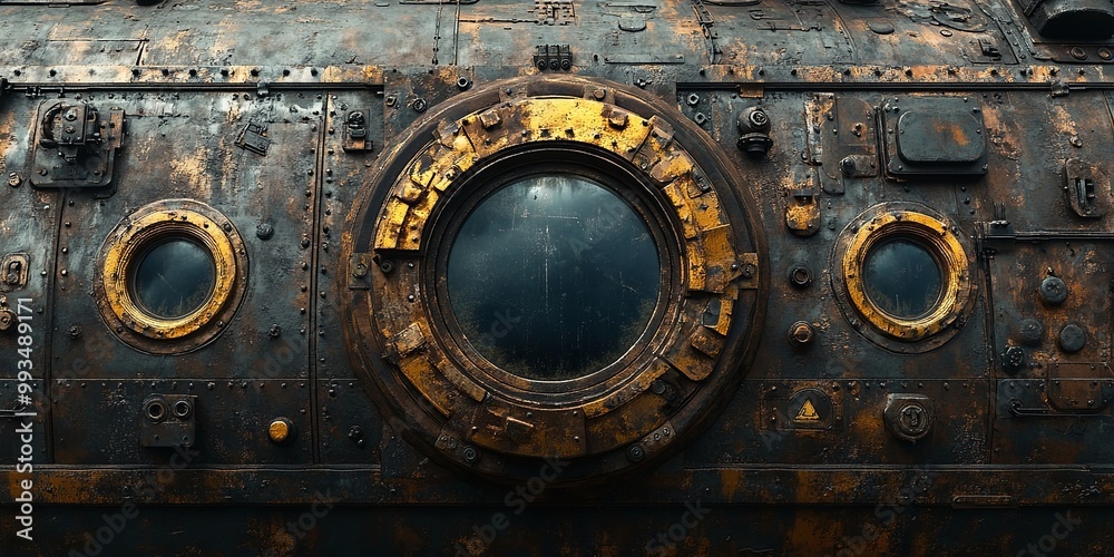 Fototapeta premium A weathered and rusted metal surface featuring a large round porthole framed in gold, flanked by two smaller portholes, showcasing the gritty details of a futuristic or steampunk aesthetic.