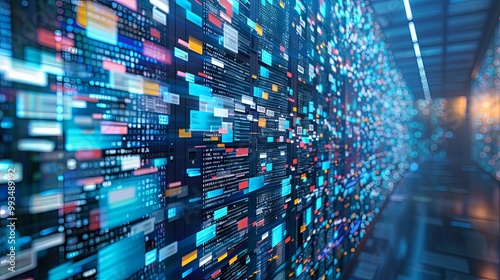 An intricate visual of data processing servers with colorful digital codes and information, representing the complexity and extensive nature of data management. photo