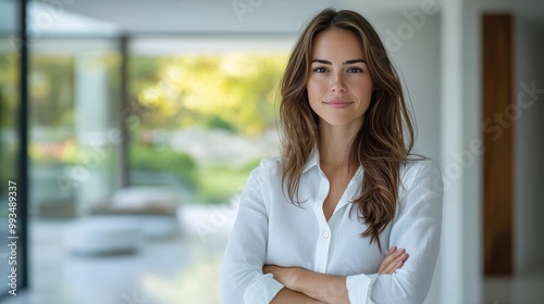 Real estate agent confidently standing in modern, light-filled home