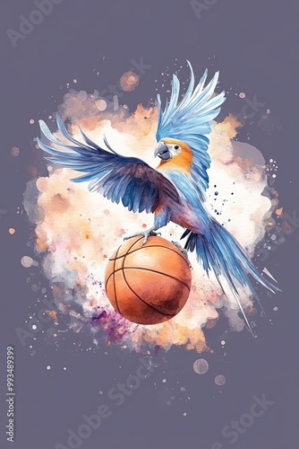 A whimsical watercolor illustration of  Parrot playing basketball and shooting a threepointer photo