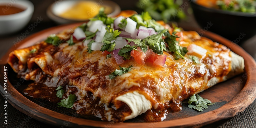 Delicious enchilada topped with melted cheese, cilantro, and fresh salsa, served on a rustic wooden plate.