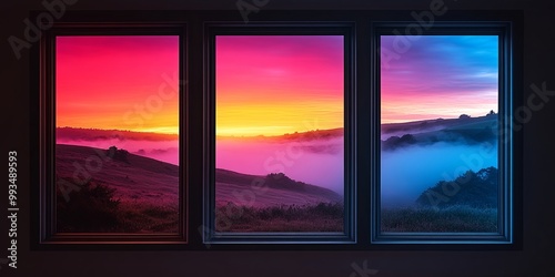 A panoramic view of a fog-filled valley with a vibrant sky seen through three windows in a dark room