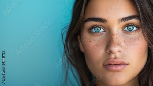 Close-up Portrait of a Young Woman with Freckles and Blue Eyes Against a Turquoise Background