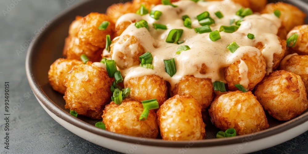 Delicious golden tater tots topped with creamy sauce and fresh green onions, perfect for appetizers or side dishes. Delicious golden tater tots topped with creamy sauce and fresh green onions, perfect for appetizers or side dishes.