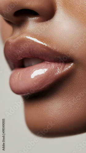 Close up view of beautiful black skin woman lips. Fashion make up, beauty injections concept, cosmetology