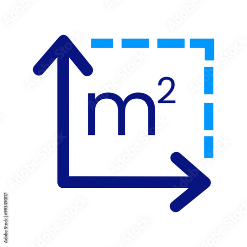 Square meter icon, blue tones, two arrows, measurement of area, simple and clear design, science, geometry, basic metric system, construction or engineering, universal symbol.