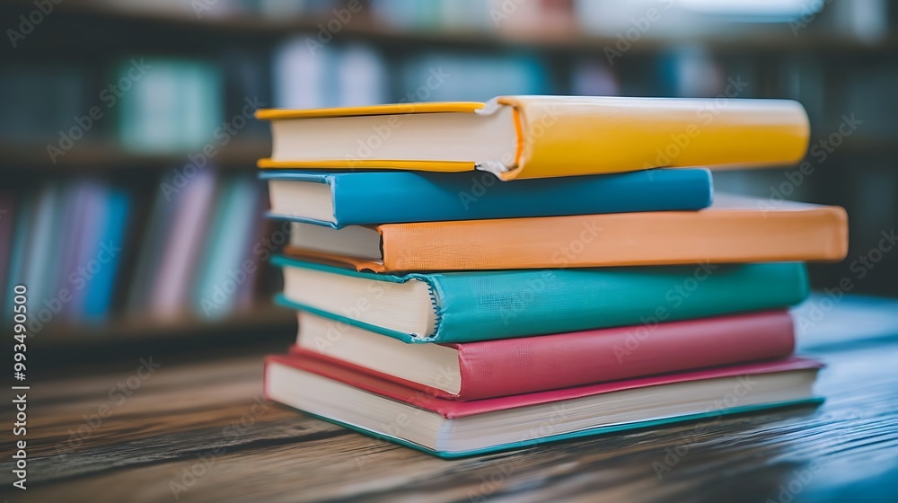 A stack of six colorful books on a wooden table. A stack of six colorful books on a wooden table.