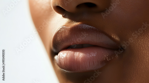 Close up view of beautiful black skin woman lips. Fashion make up, beauty injections concept, cosmetology