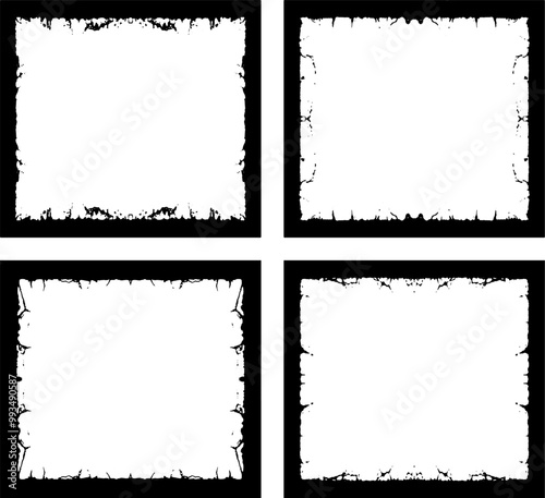 set of black and white frame, four square frames with black and white paint, three white vertical banners with black borders, a square frame with black and white grunge effect paint set photo