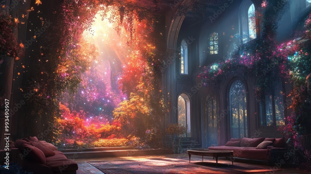 A sprawling fantasy landscape blending with a cozy living room, digital symphony of colors, light streaming through, magical reflections on walls A sprawling fantasy landscape blending with a cozy living room, digital symphony of colors, light streaming through, magical reflections on walls